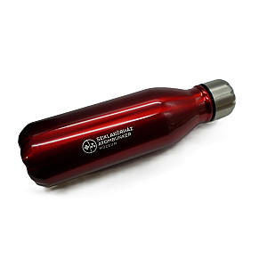 Red water bottle with „Bunker and Hospital in the Rock” logo and inscription